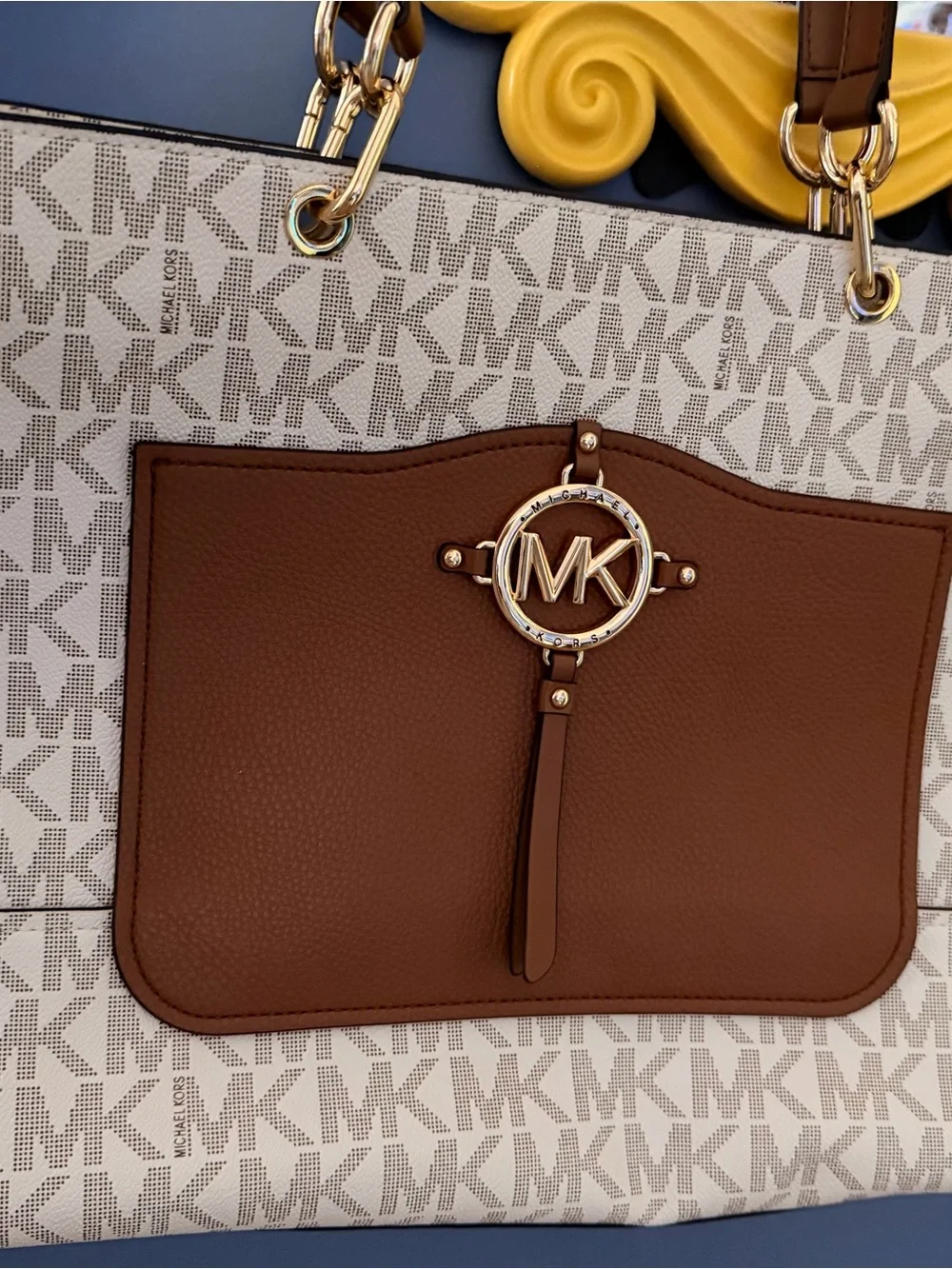 Michael Kors Cream Signature Canvas Tote with Brown Leather Trim